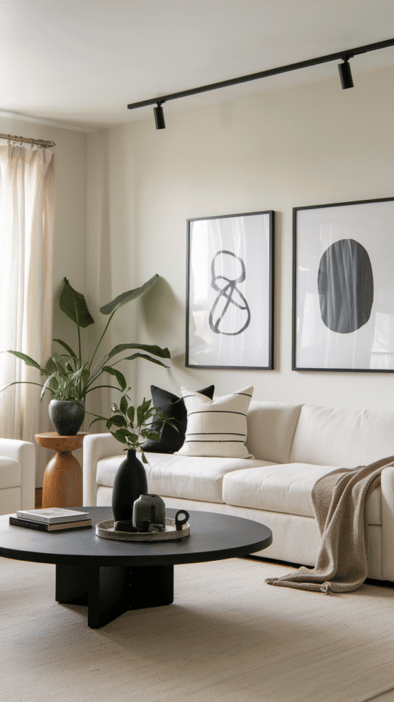 Neutral living room with matte black coffee table, black-framed artwork, and subtle black lighting fixtures. Balanced and minimal styling.