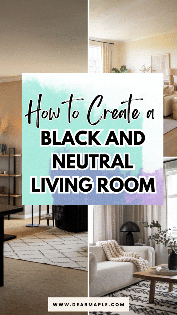 Pinterest pin of black and neutral living room