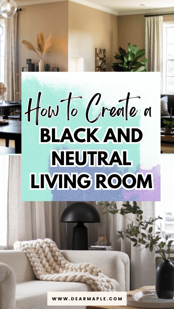 Pinterest pin of black and neutral living room