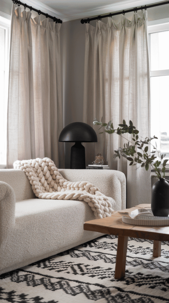 Scandinavian-inspired living room with black elements, chunky knit throw, linen curtains, and a soft boucle sofa in ivory tones.