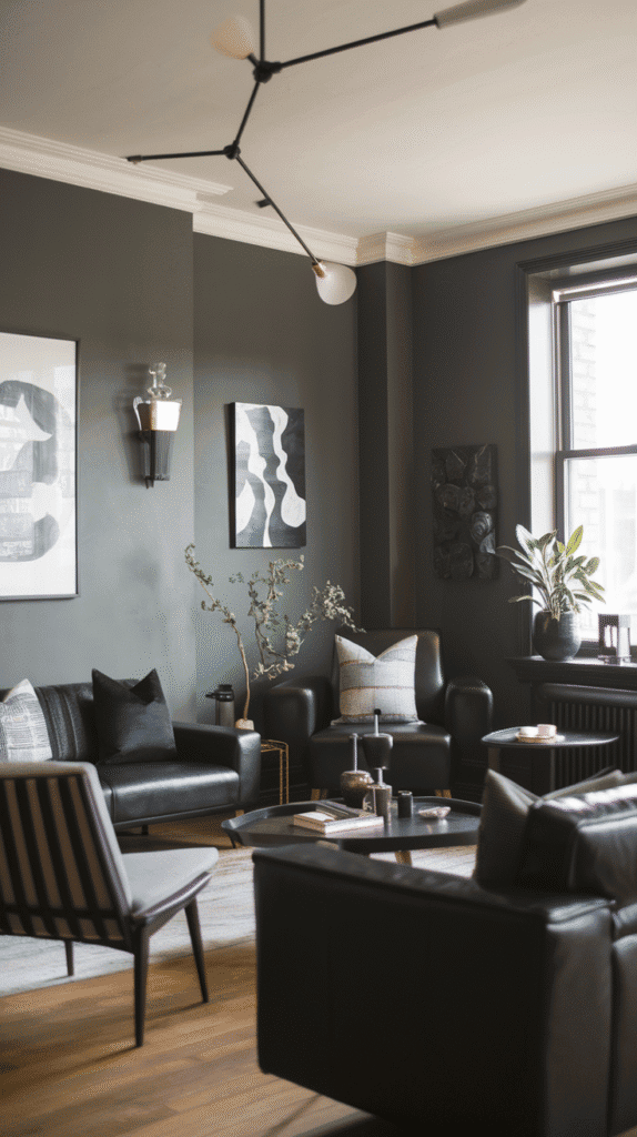 Modern living room with matte black finishes, chalk-painted walls, and soft lighting. Clean and sophisticated atmosphere.