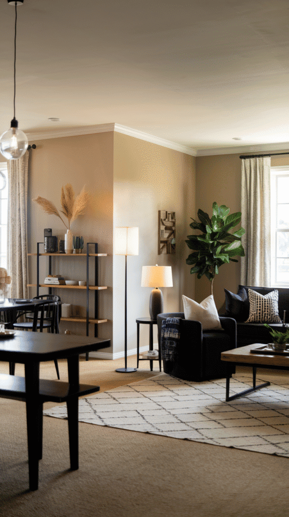 Well-lit living room with layered lighting: pendant lights, table lamps, and floor lamps. Black and neutral decor balanced by warm lighting.