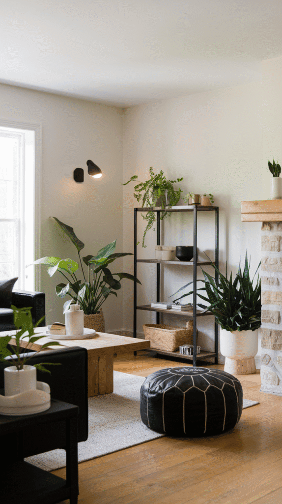 Neutral living room with black accents and natural materials like wood, stone, leather pouf, and indoor plants. Earthy and modern design.