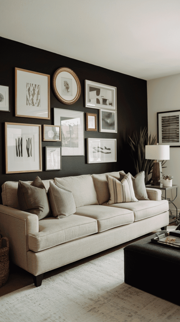 Living room with a black accent wall behind a beige sofa, gallery wall art as the focal point. Balanced with neutral tones and minimal clutter.