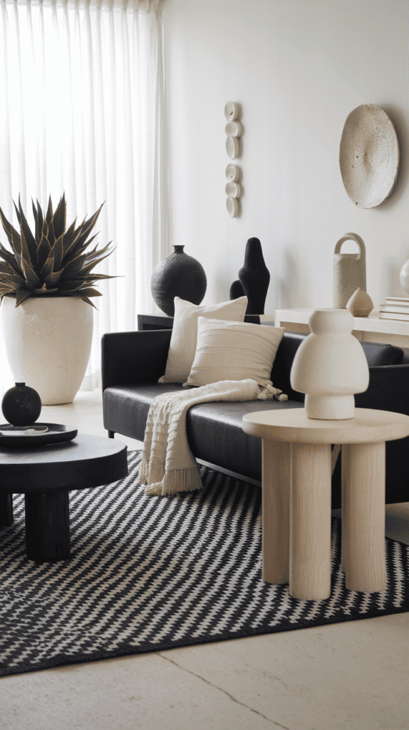 Stylish black and neutral living room with ivory cushions, white ceramics, and a light wood side table. Balanced and airy design.