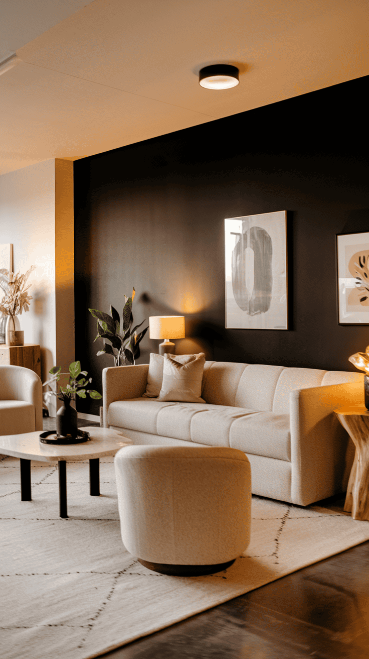Modern black and neutral living room with a beige sofa, matte black accent wall, warm lighting, and natural wood furniture. Minimalist decor with cozy textures.