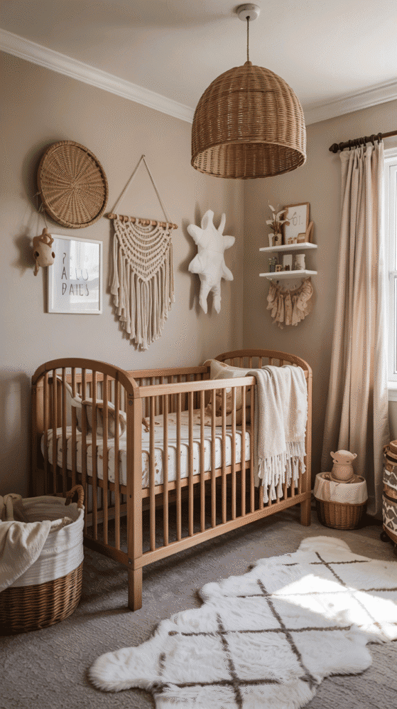 Warm boho baby girl nursery with textured fabrics and natural light.