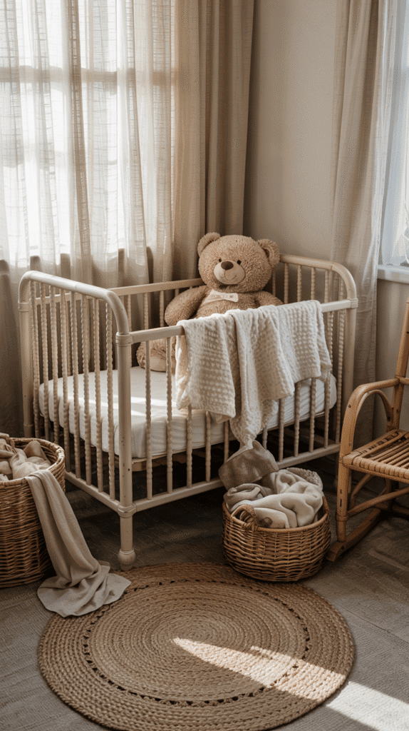 Boho baby girl nursery with soft neutrals and natural textures.