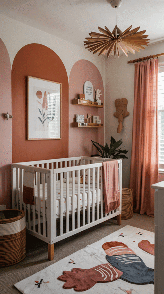 Earthy pink and terracotta accents in a boho baby girl nursery.