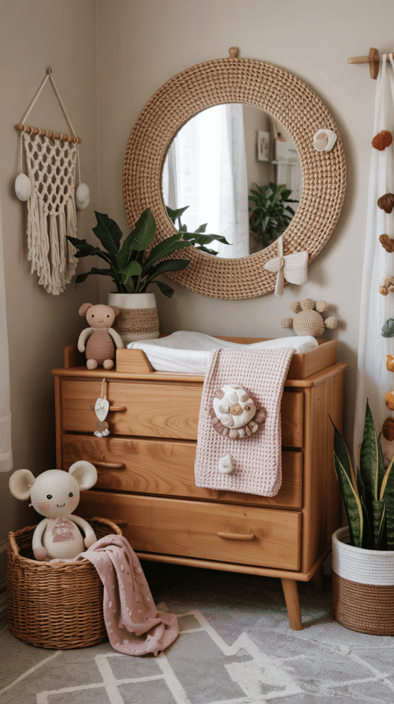 Cozy textiles in a boho baby girl nursery with layered fabrics.