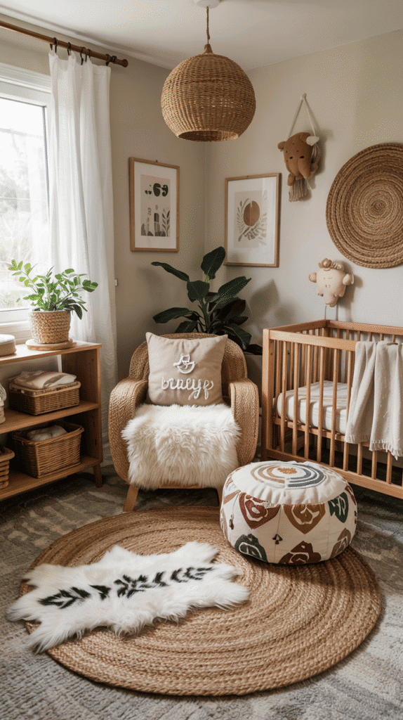 Plants in a boho baby girl nursery for a fresh, natural vibe.