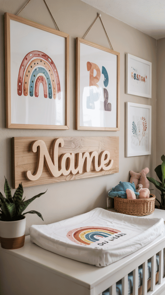 Functional and stylish storage in a boho baby girl nursery.