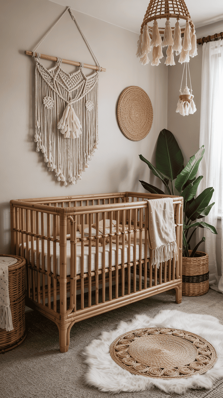 Feature image of a boho baby girl nursery, showcasing a rattan crib and macramé decor.