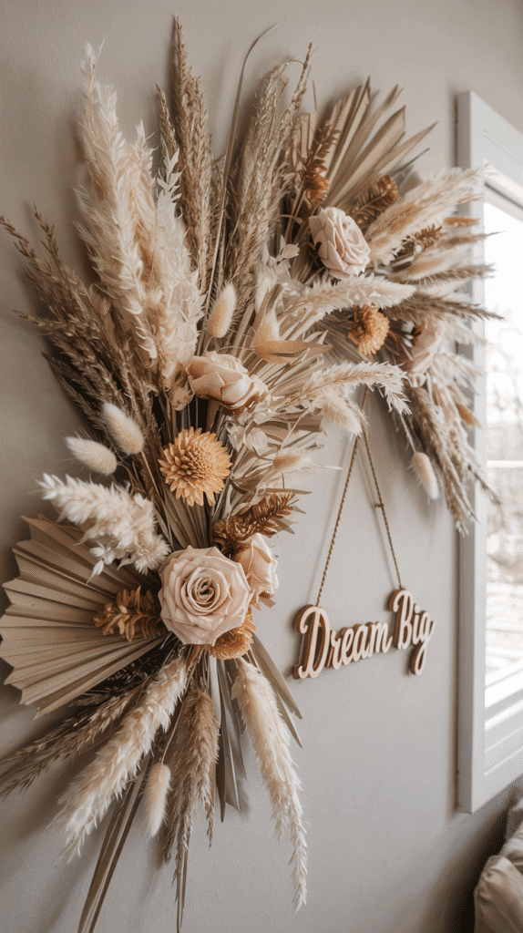 Pampas grass and dried flower wall for boho floral nursery