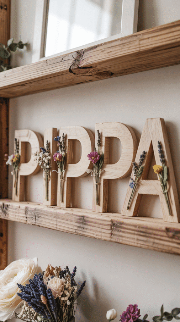 Floral nursery letters with dried blooms in boho floral nursery
