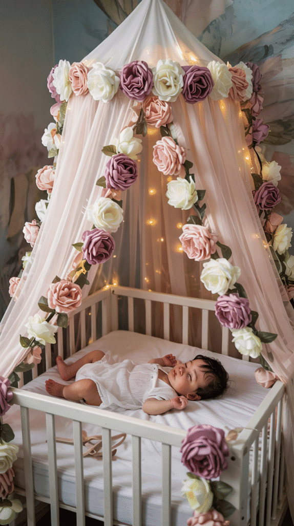 Floral canopy for boho floral nursery crib
