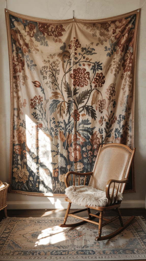 Vintage floral tapestry art in boho floral nursery