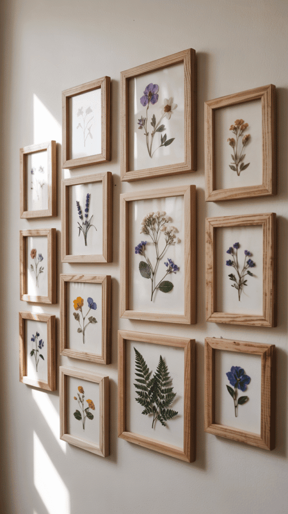 Pressed flower gallery wall in boho floral nursery