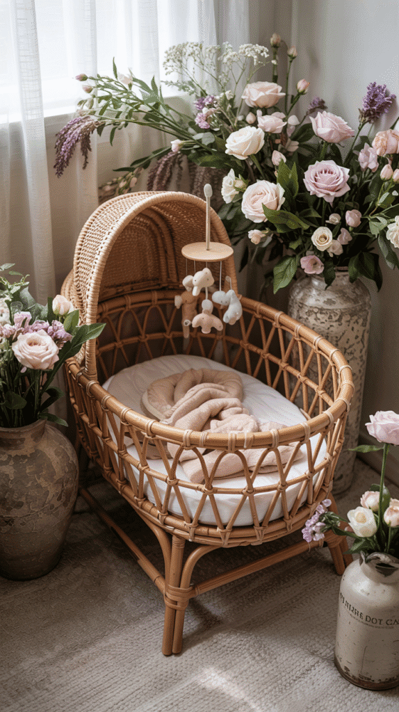 Rattan bassinet with flowers in boho floral nursery