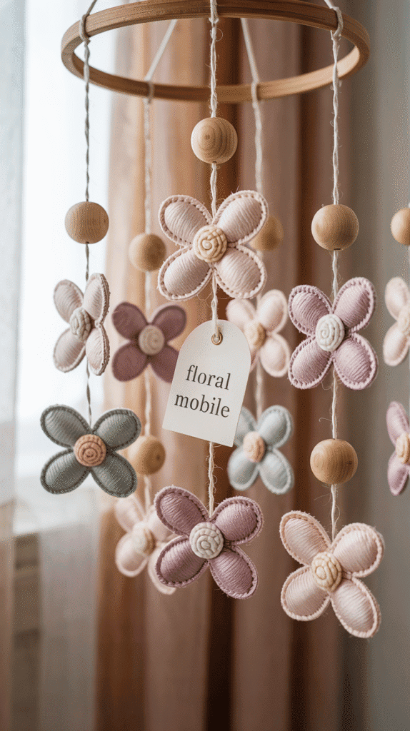 Floral mobile with felt flowers in boho floral nursery