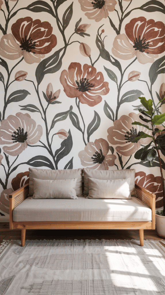 Boho floral accent wall in nursery