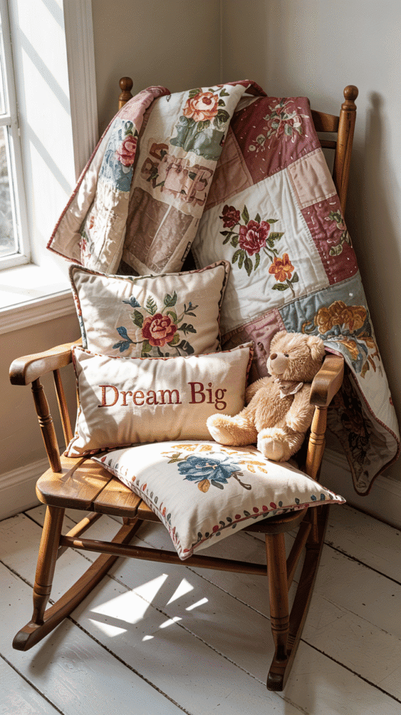 Vintage floral textiles in boho floral nursery