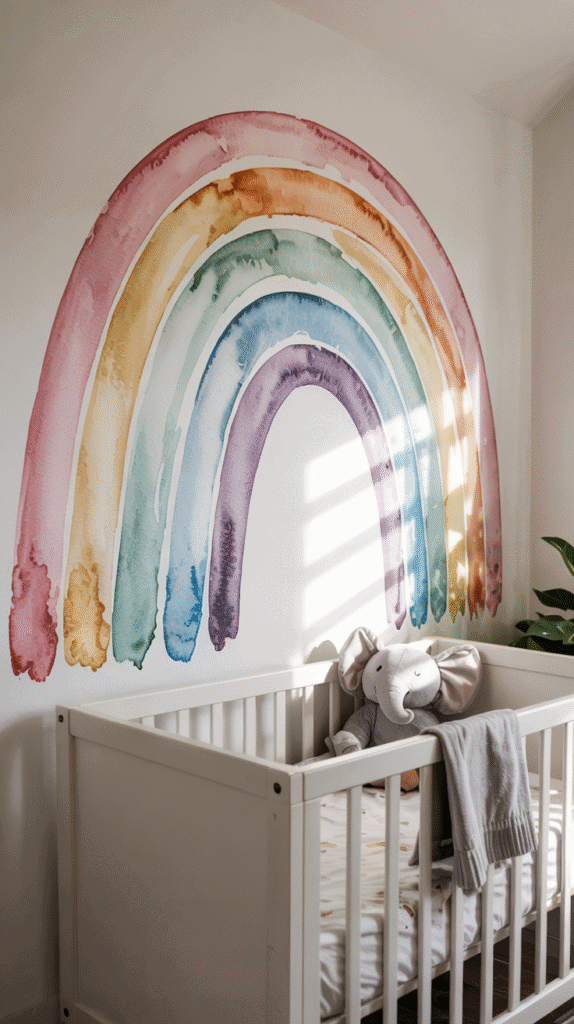 "Watercolor rainbow accent wall adding a serene touch to a boho rainbow nursery."