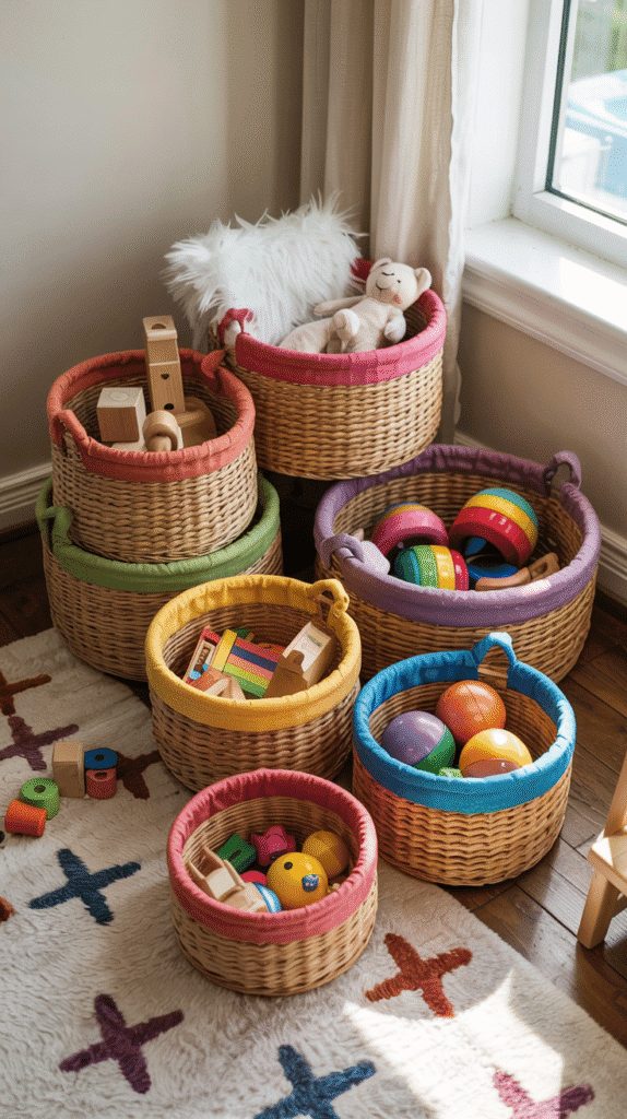 "Boho rainbow nursery with woven rainbow basket storage solutions for organizing toys."