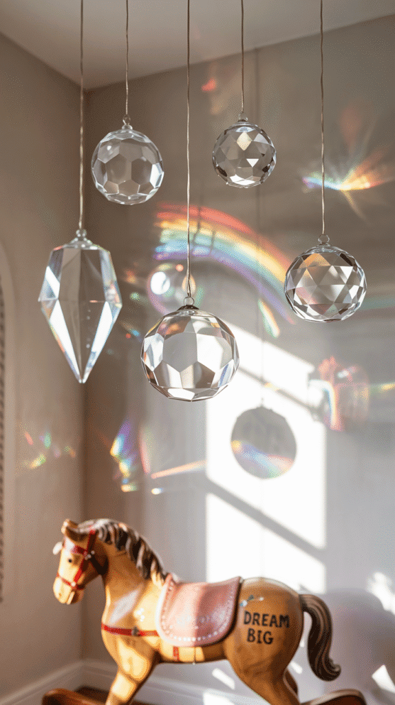 "Boho rainbow nursery illuminated with dancing rainbow patterns from prism sun catchers."