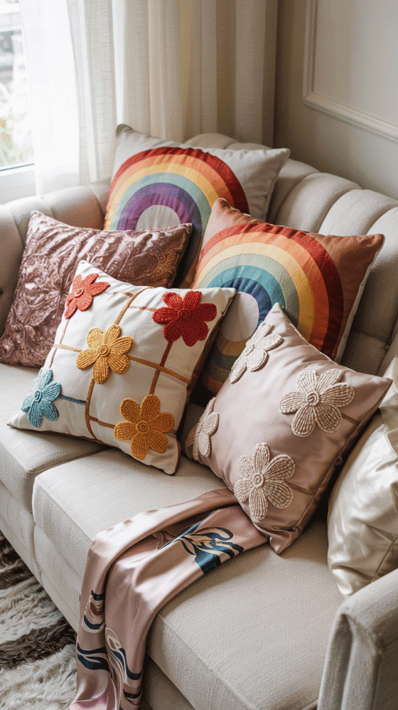 "Boho rainbow nursery showcasing a collection of rainbow throw pillows adding texture and color."