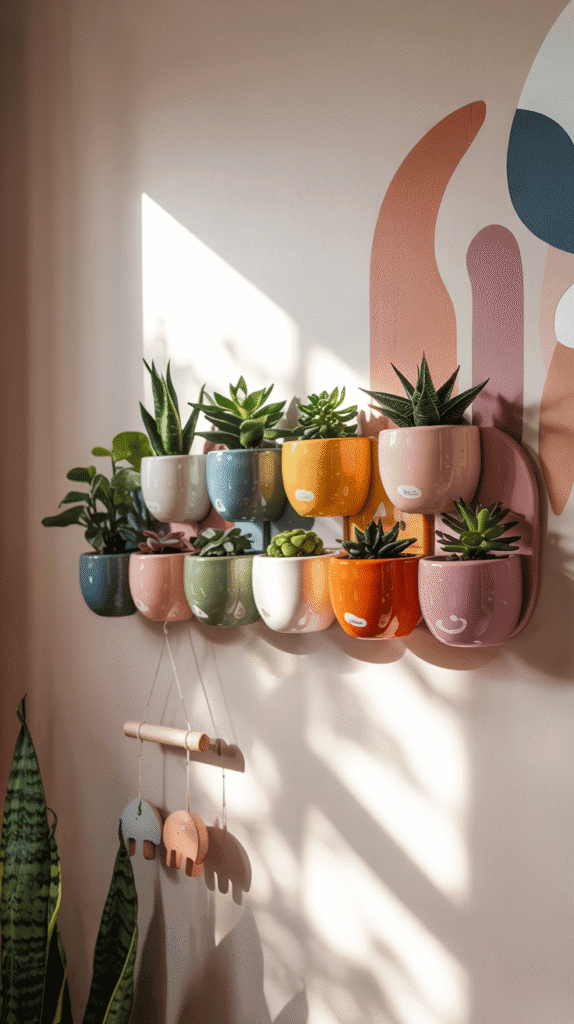 "Boho rainbow nursery living plant wall with rainbow-planters teaching about nature and colors."