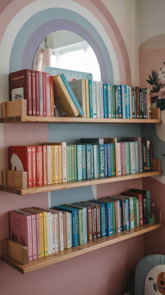 "Boho rainbow nursery featuring a color-coordinated book display adding educational decor."