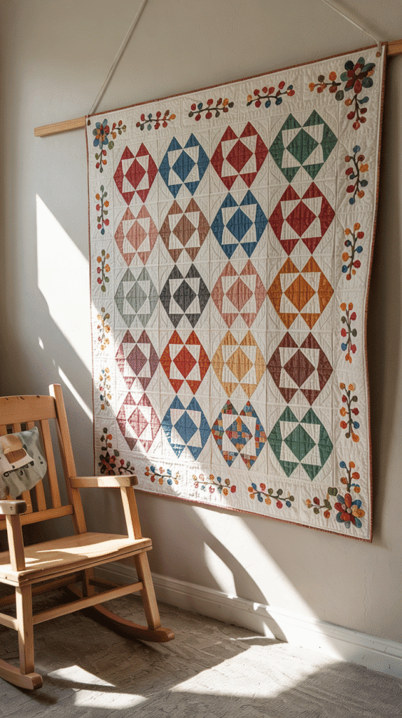 "Boho rainbow nursery incorporating a vintage rainbow quilt for warmth and history as wall art."