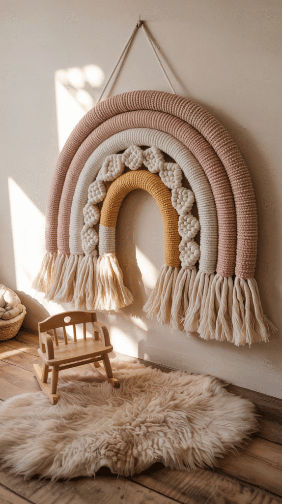"Boho rainbow nursery with a macrame rainbow wall hanging creating a focal point above a crib."