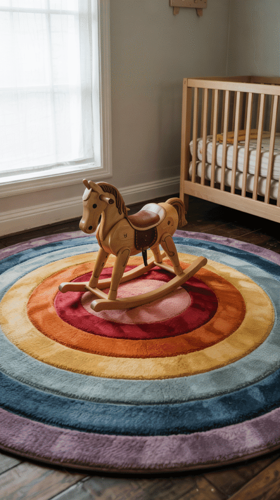 "Boho rainbow nursery with layered rainbow rugs adding personality to the floor."