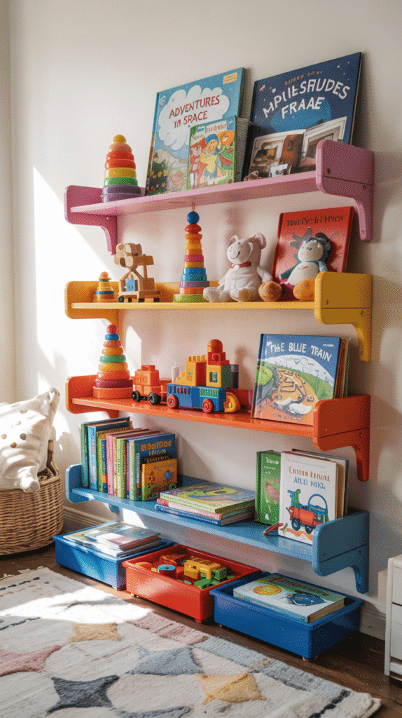 "Boho rainbow nursery with gradient-colored floating shelves showcasing colorful toys and books."