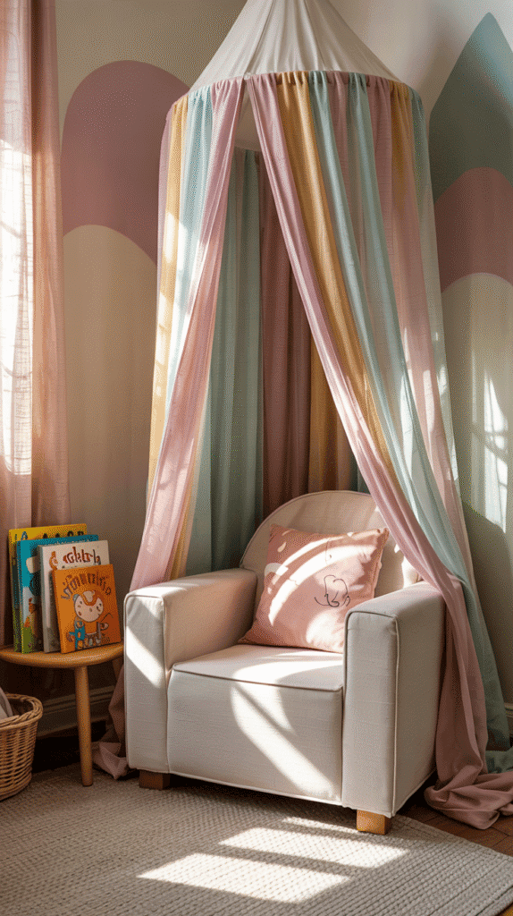 "Rainbow canopy adds magic and coziness to a boho rainbow nursery reading corner."