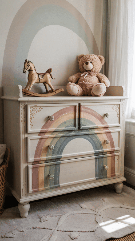 "Boho rainbow nursery featuring a unique hand-painted rainbow dresser as a statement piece."