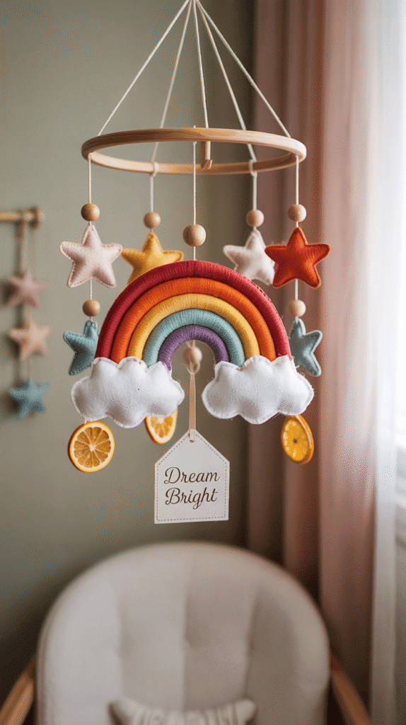 "Boho rainbow nursery decorated with a handmade rainbow mobile integrating natural textures."