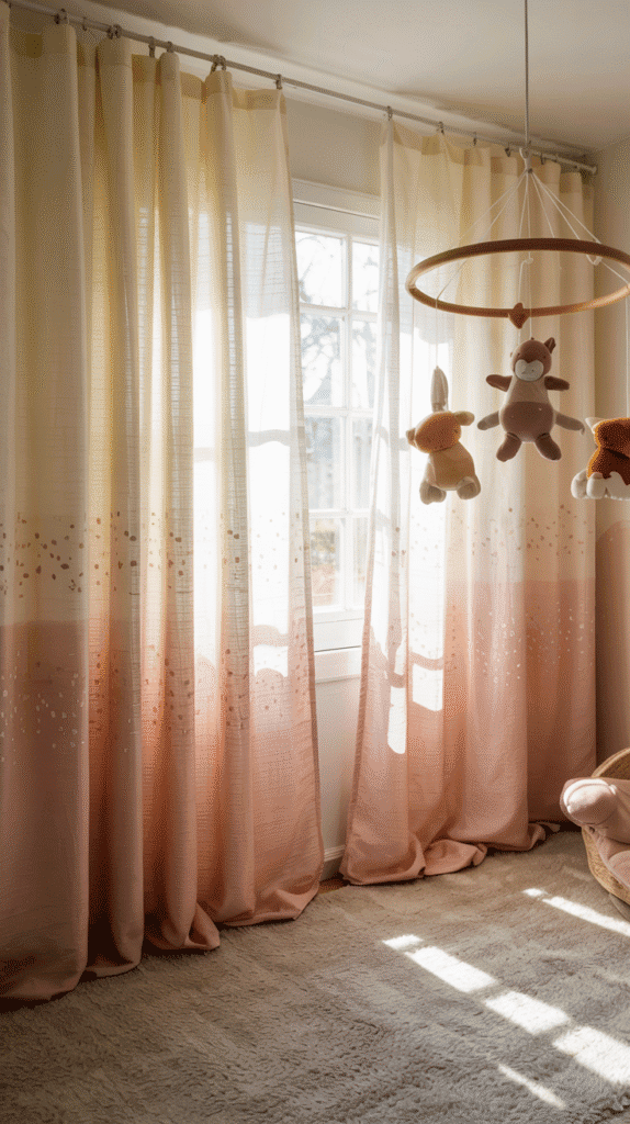 "Boho rainbow nursery showcasing gradient window treatments for soft, colorful light diffusion."