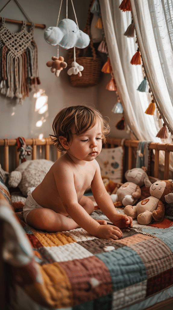 "Child playing in a boho rainbow nursery with vibrant colors stimulating cognitive development."