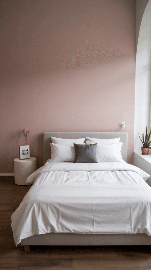 Minimalist sanctuary featuring a dusty pink bedroom ideas with white accents and clean lines