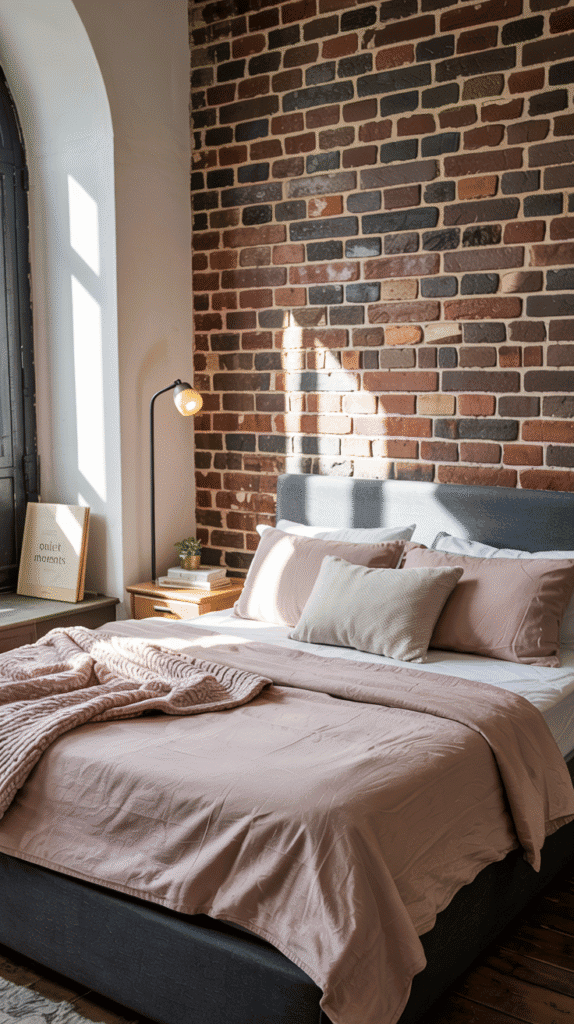 Industrial chic in dusty pink bedroom ideas combining soft pinks with raw textures