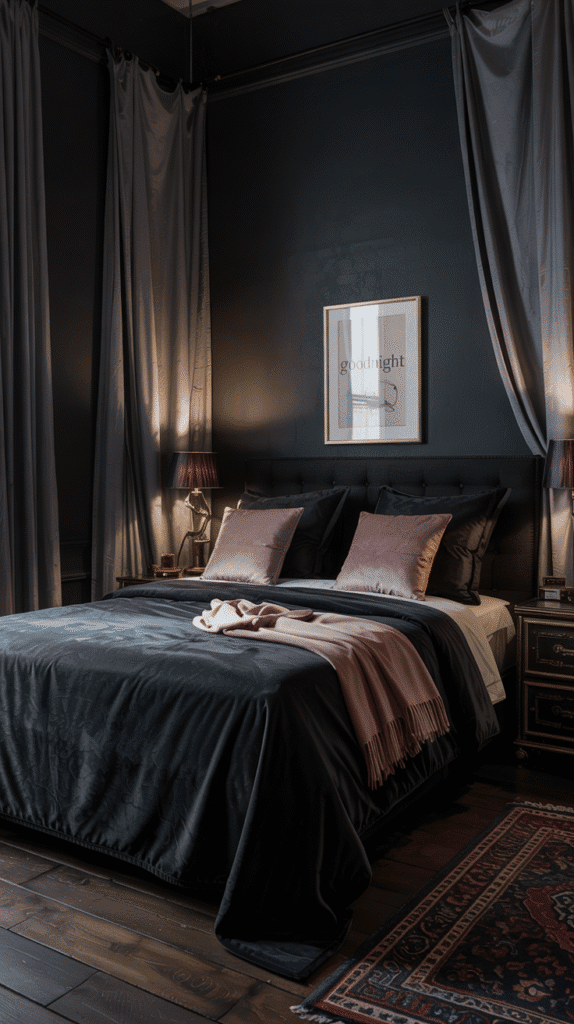 Dramatic contrast in dusty pink bedroom ideas using black elements for bold sophistication