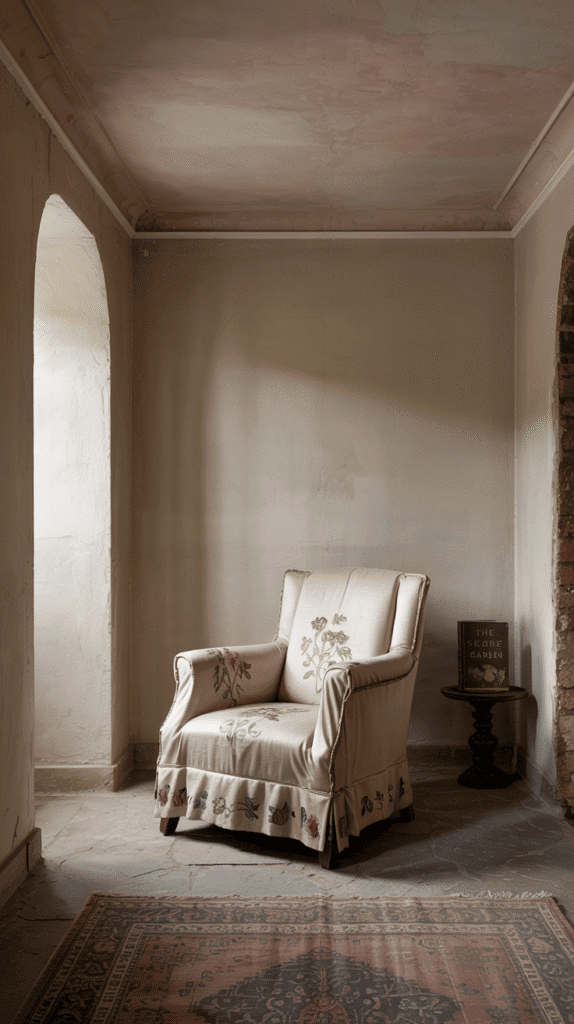 Innovative design in dusty pink bedroom ideas by using colored ceilings for a cozy ambiance