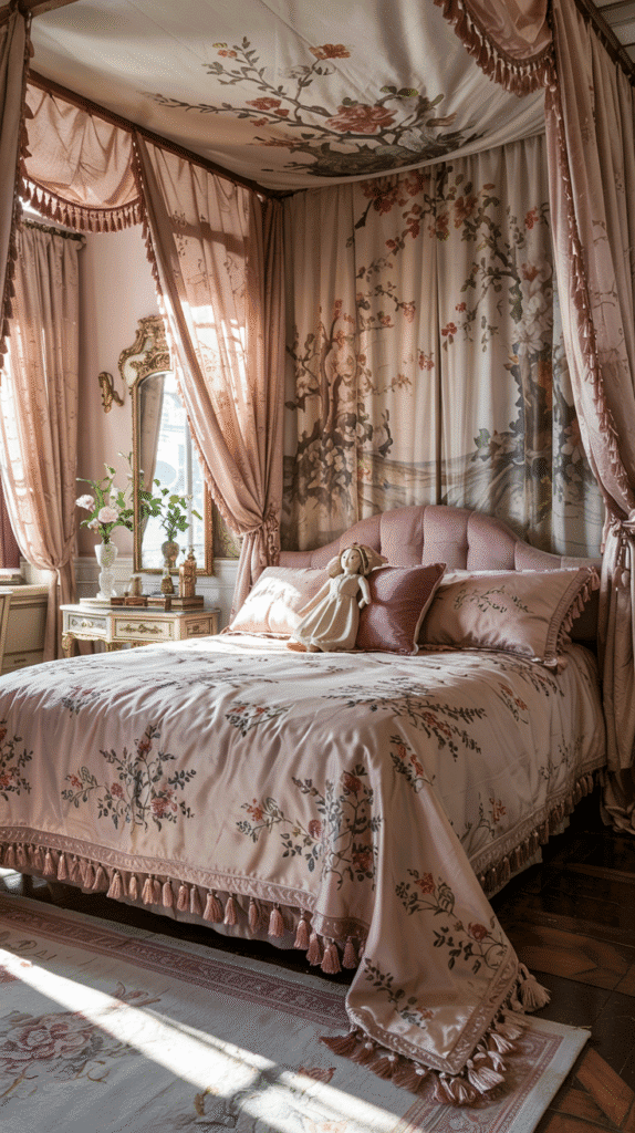 Opulent style in dusty pink bedroom ideas with a maximalist approach to colors and decor