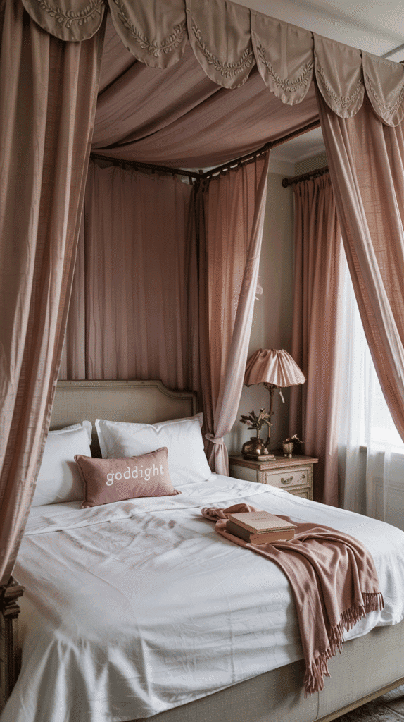 Dusty pink bedroom ideas with a blush pink canopy bed and flowing curtains for a romantic atmosphere