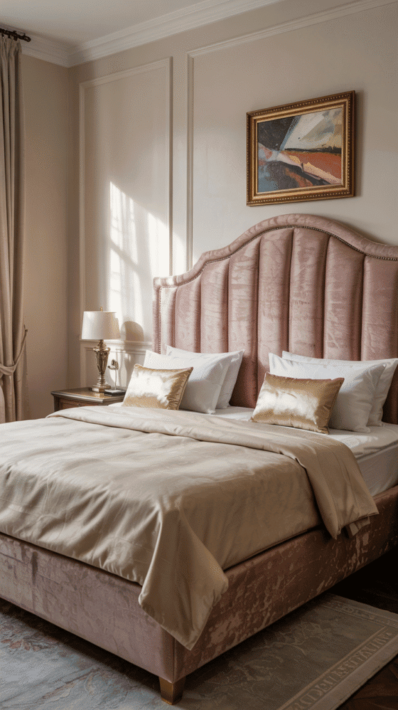 Glamorous dusty pink bedroom ideas incorporating dusty rose and gold elements for luxury