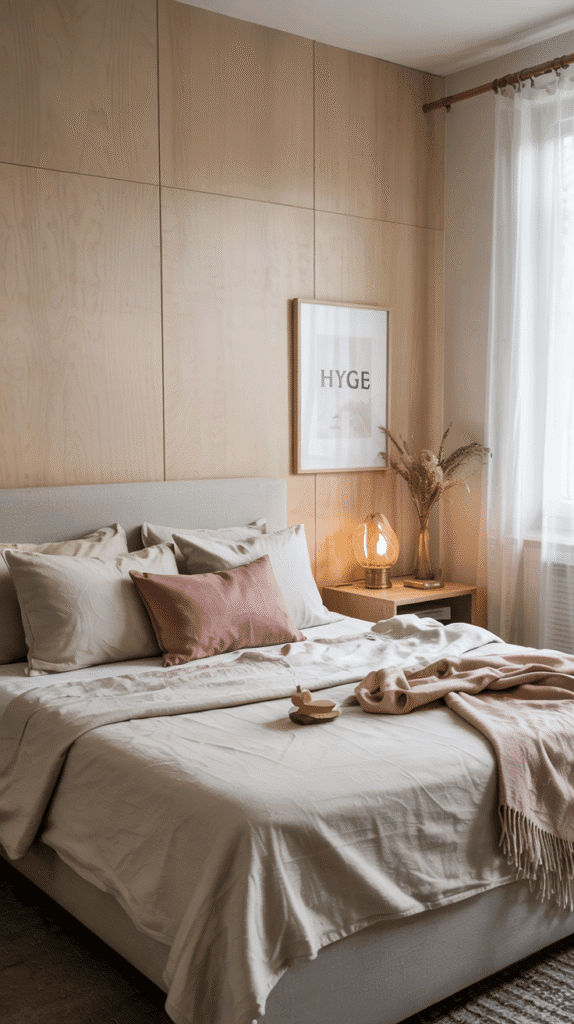Scandinavian themed dusty pink bedroom ideas featuring natural materials and minimalism