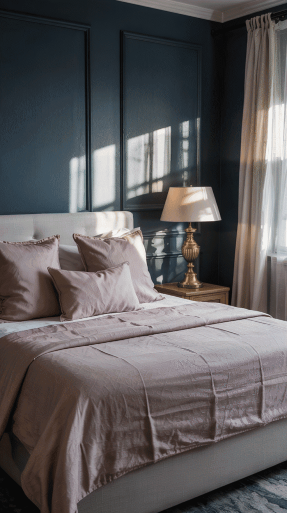 Dusty pink bedroom ideas utilizing a bold contrast with navy blue elements for sophistication